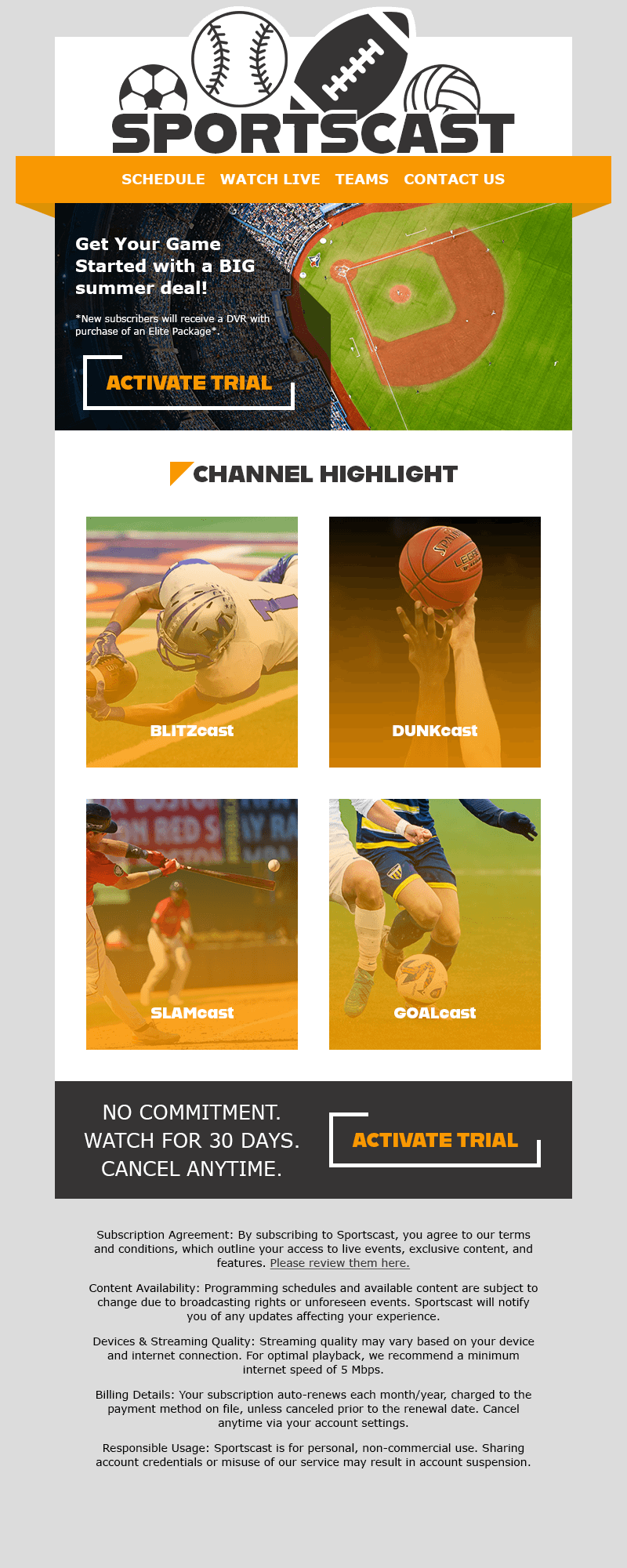 sports streaming email sample